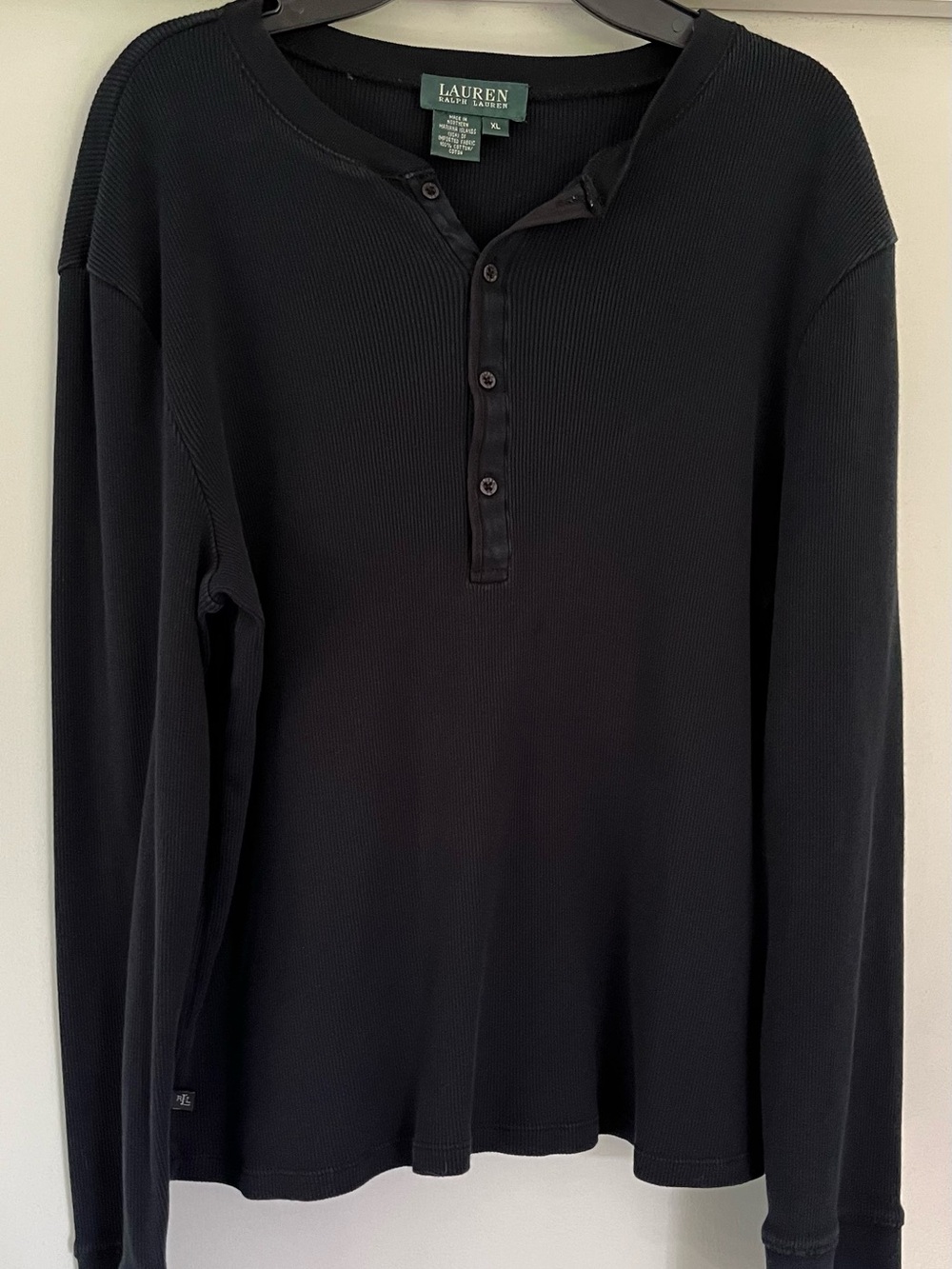 Lauren Ralph Lauren Black Ribbed Cotton Henley Long Sleeve Top XL - Picture 3 of 8